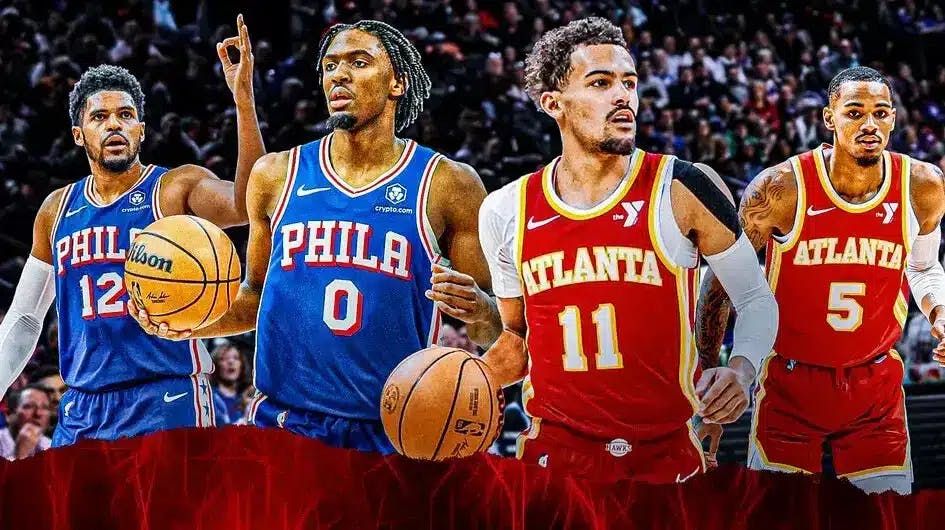 Sixers' Tobias Harris and Tyrese Maxey and Hawks' Trae Young and Dejounte Murray