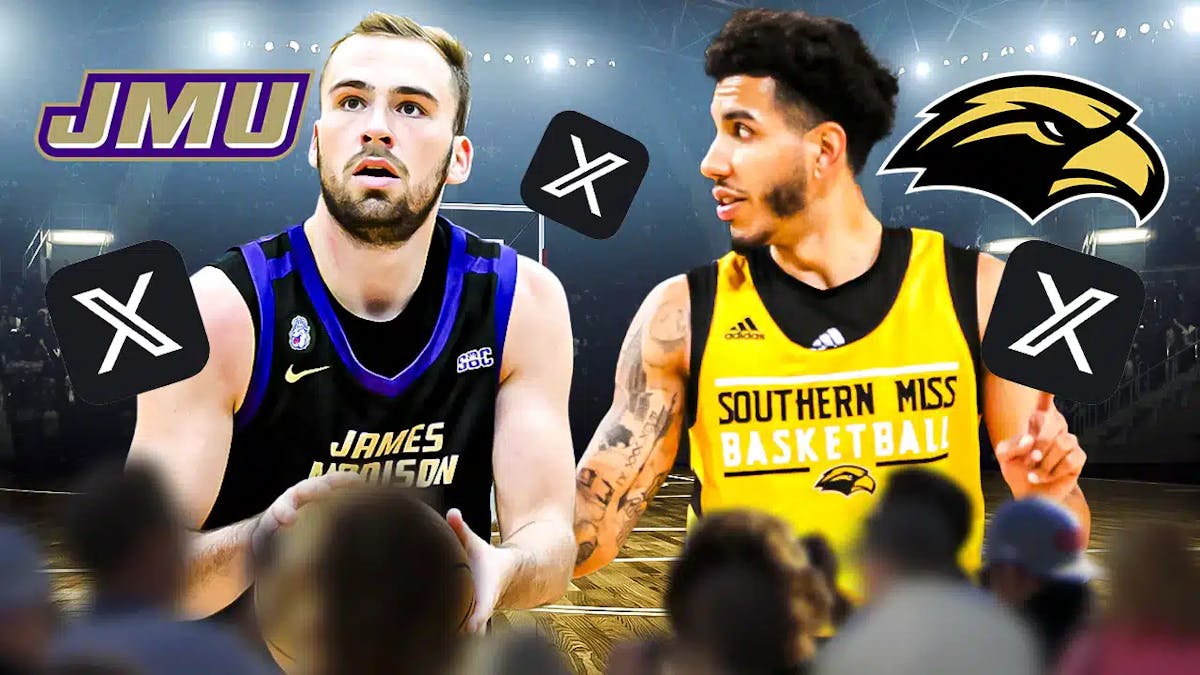 Noah Freidel and Andre Curbelo with both the James Madison and Southern Miss logos in the background. Also include X(Twitter) logos floating around.