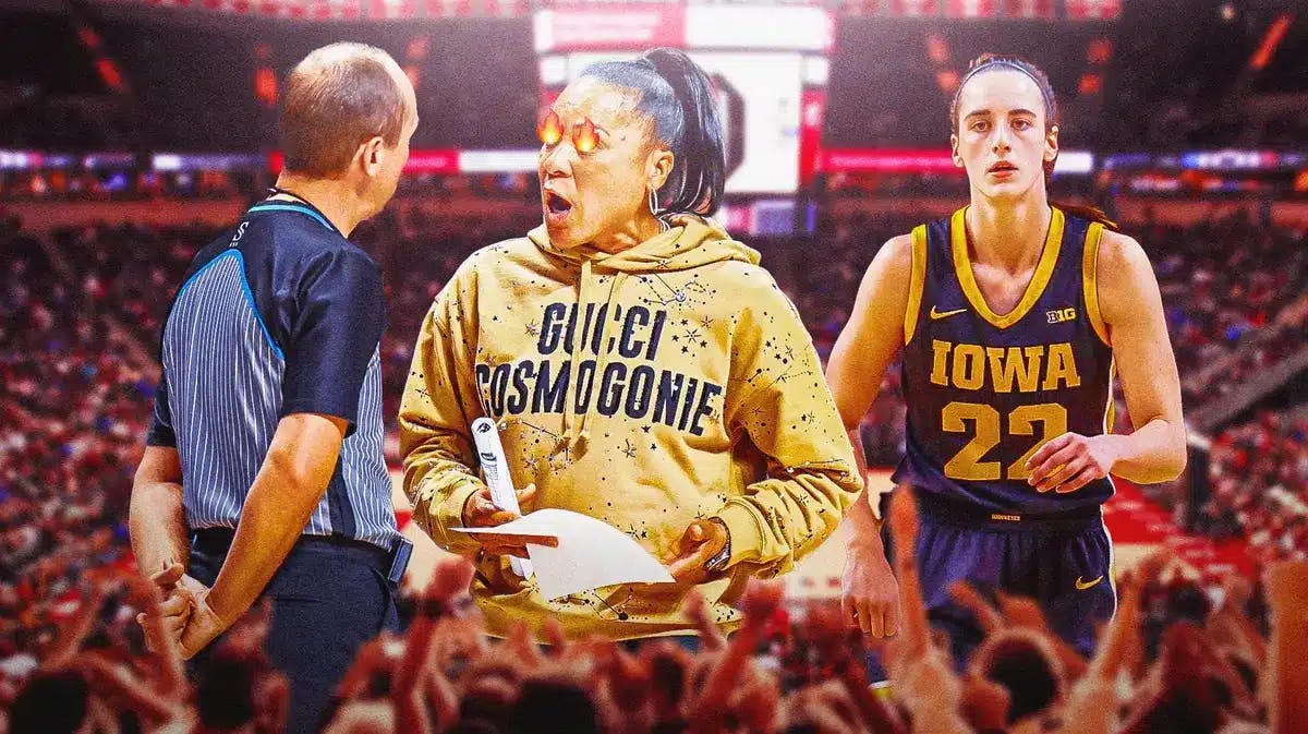 South Carolina women’s basketball coach Dawn Staley with flames in eyes with college basketball refs in the background and Iowa women’s basketball player Caitlin Clark