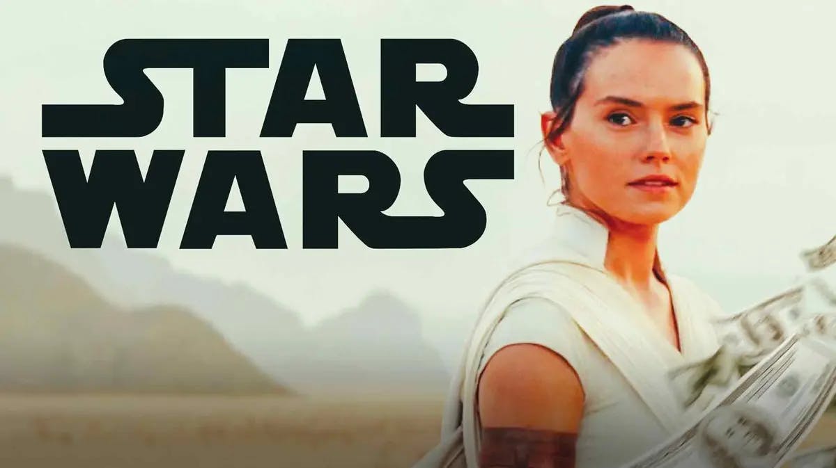 Daisy Ridley as Rey and Star Wars logo.