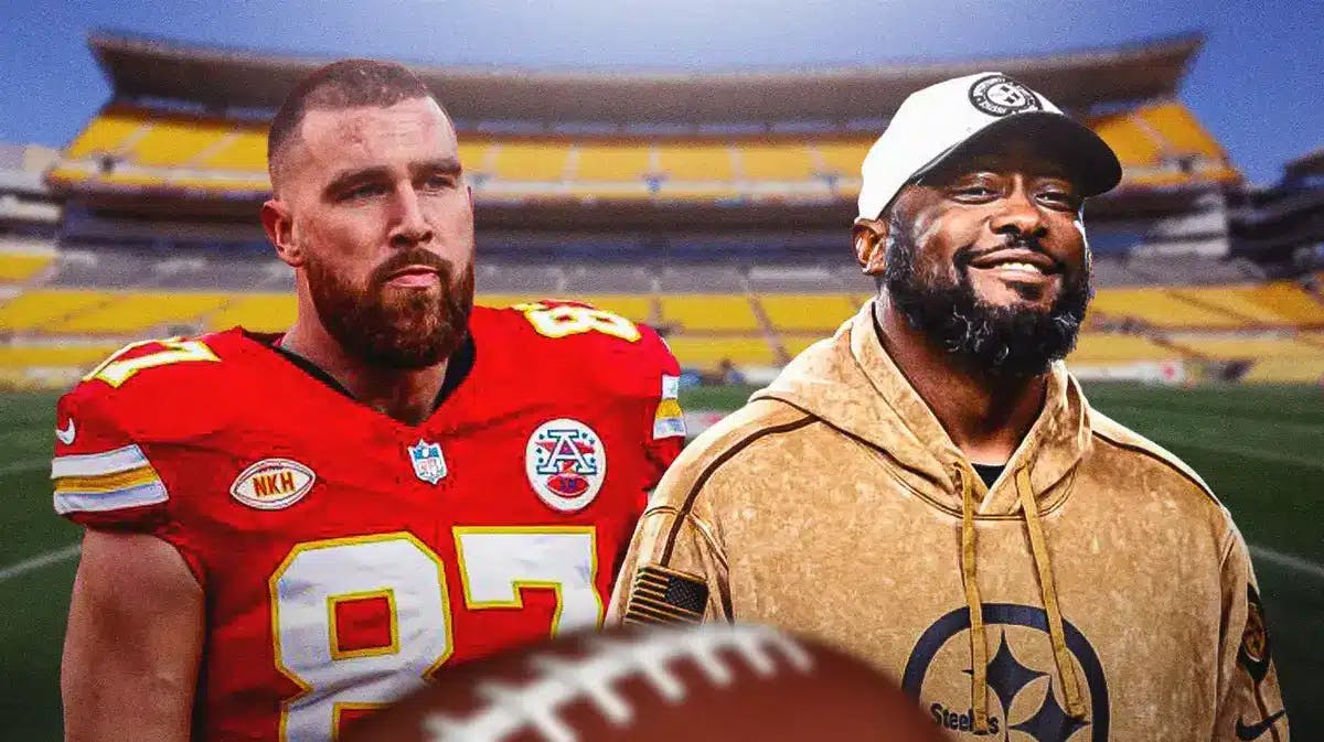 Kansas City Chiefs star Travis Kelce and Pittsburgh Steelers head coach Mike Tomlin in front of Acrisure Stadium.