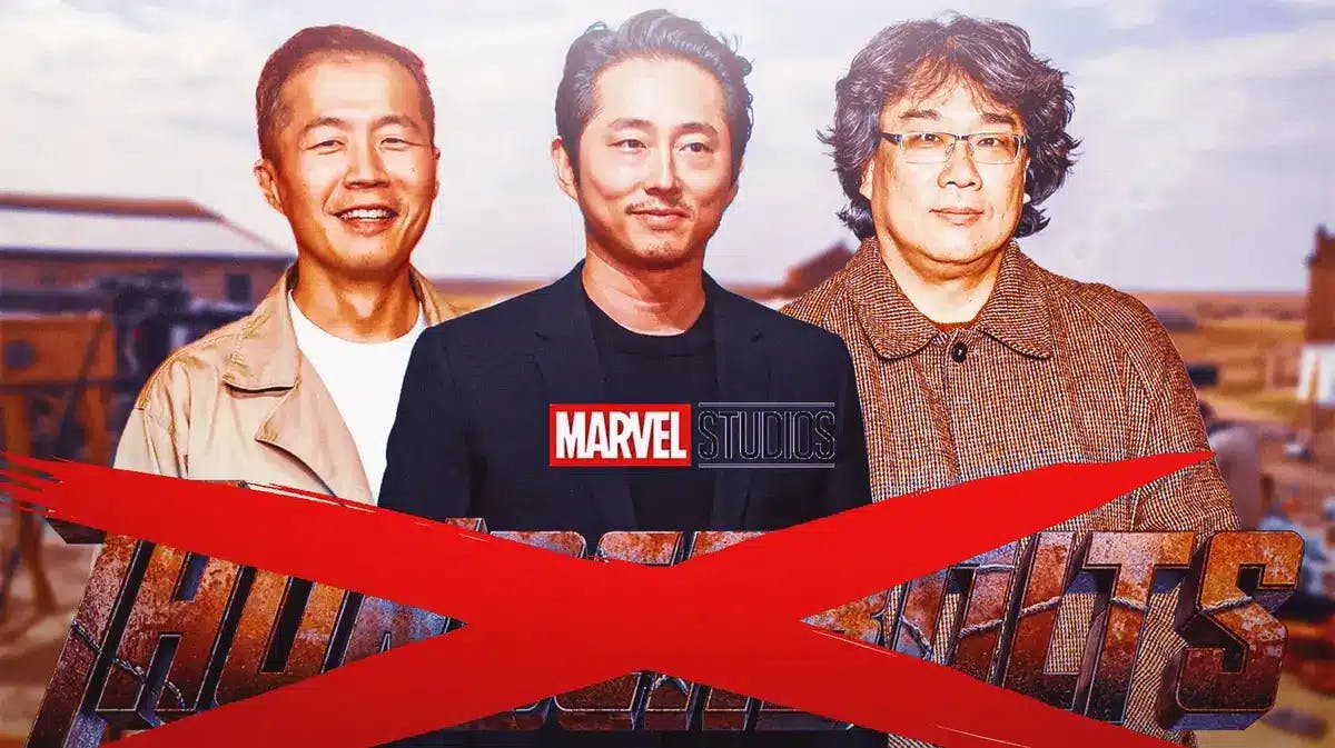 Lee Isaac Chung, Steven Yeun, and Bong Joon-ho behind MCU Thunderbolts logo.