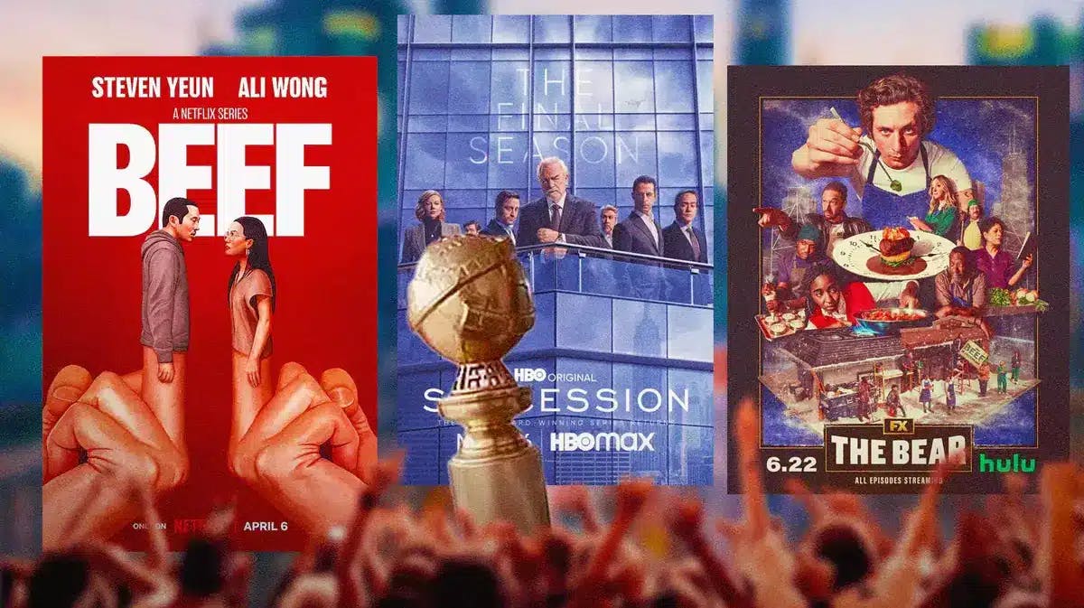 Golden Globes trophy with posters of Beef, Succession, and The Bear.