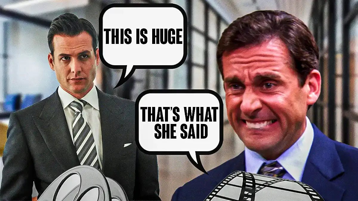 A character from Suits alongside Michael Scott from the Office. The character from Suits has a speech bubble, “This is huge” and Michael Scott has a speech bubble, “That’s what she said”