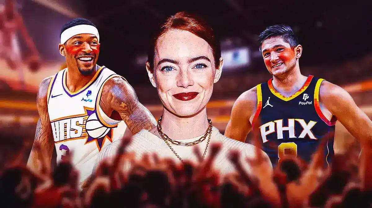 Emma Stone smiling in the middle. Bradley Beal and Grayson Allen at the back with blushing cheeks