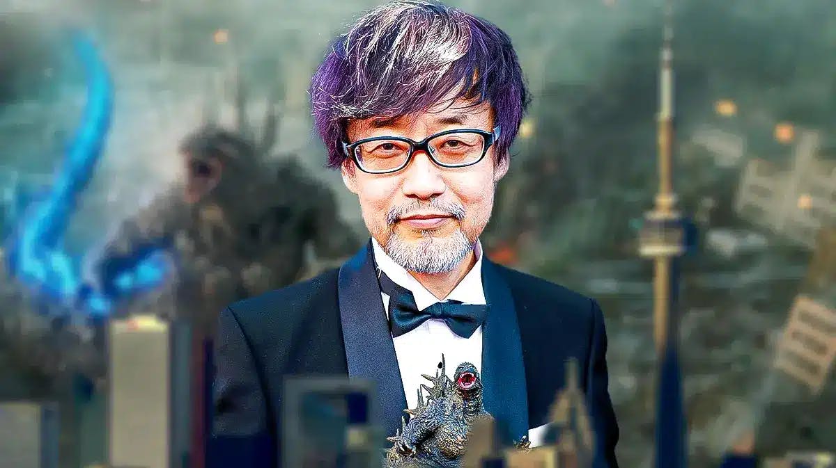 Takashi Yamazaki with a Godzilla Minus One background.