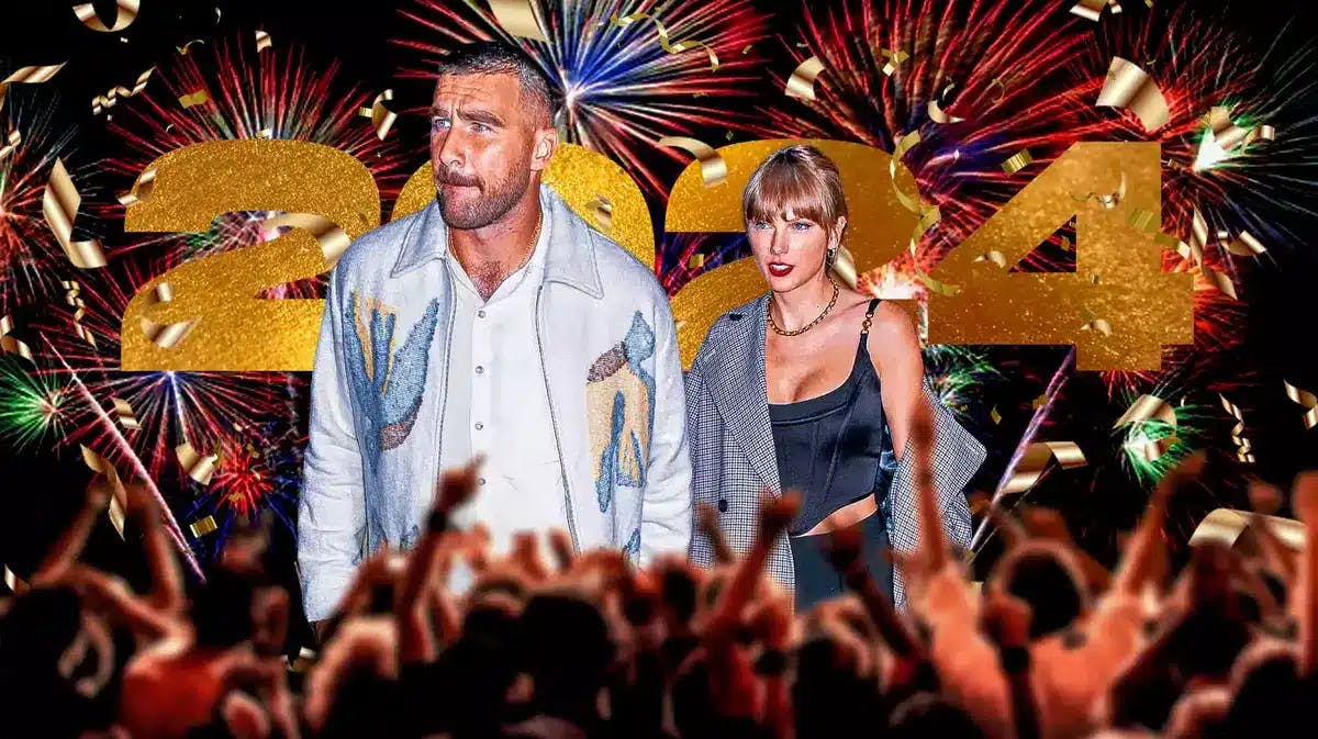 Taylor Swift and Travis Kelce with 2024 in the background with confetti