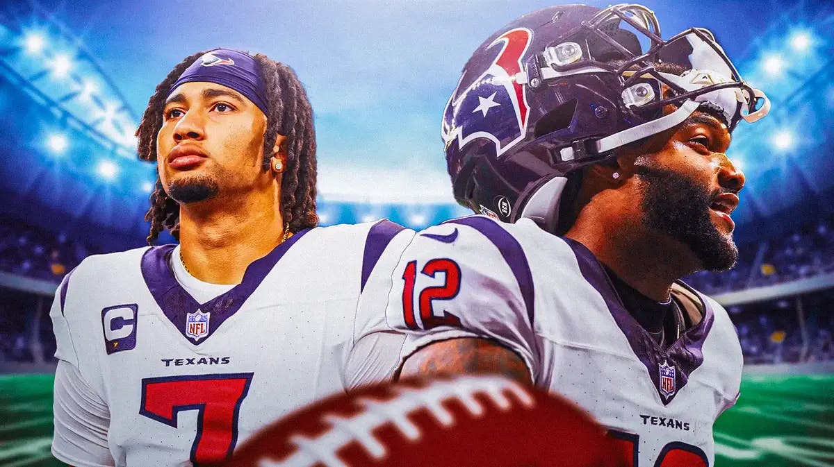 Houston Texans stars C.J. Stroud and Nico Collins in front of NRG Stadium.