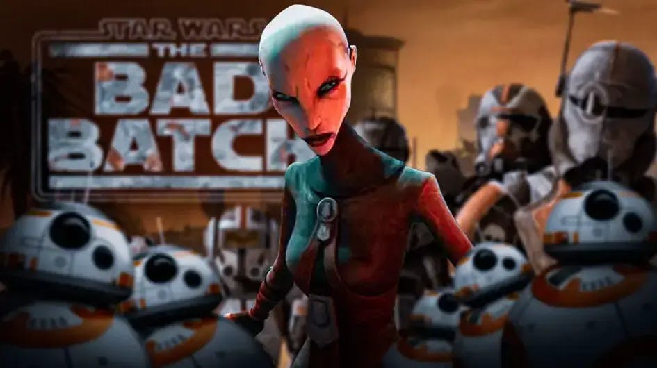 Asajj Ventress in front of the poster for Star Wars: The Bad Batch