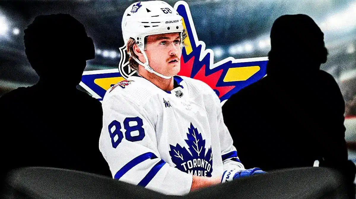 William Nylander in middle of image looking stern, one silhouetted player on each side, both in NHL All-Star jerseys, 2024 NHL-All Star Game logo, hockey rink in background