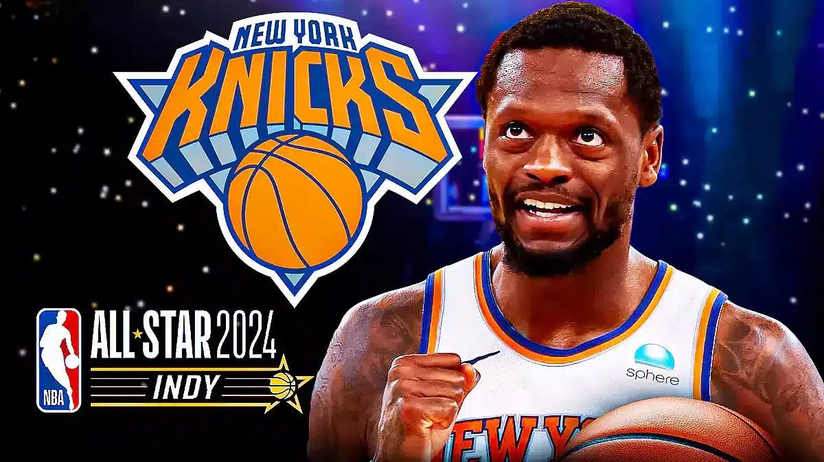 Julius Randle in image looking happy, NY Knicks logo on one side and NBA All-Star logo on other side, basketball court in background