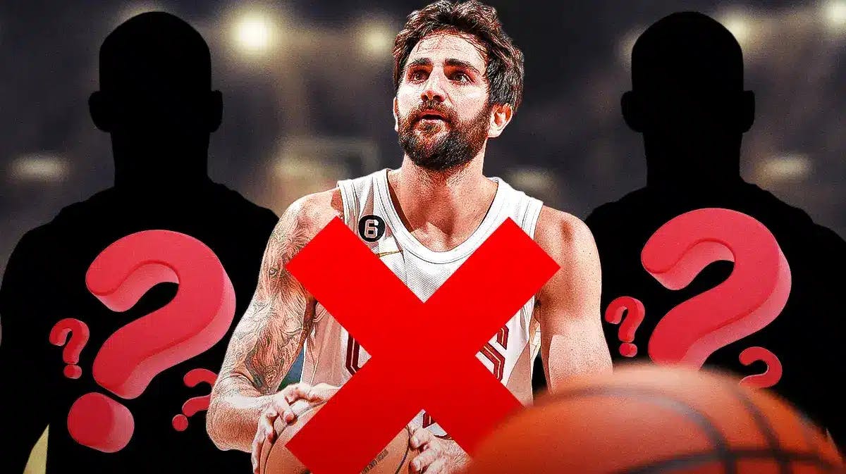 Ricky Rubio in Cavs jersey with a red X over him and 2 silhouettes with question marks in them