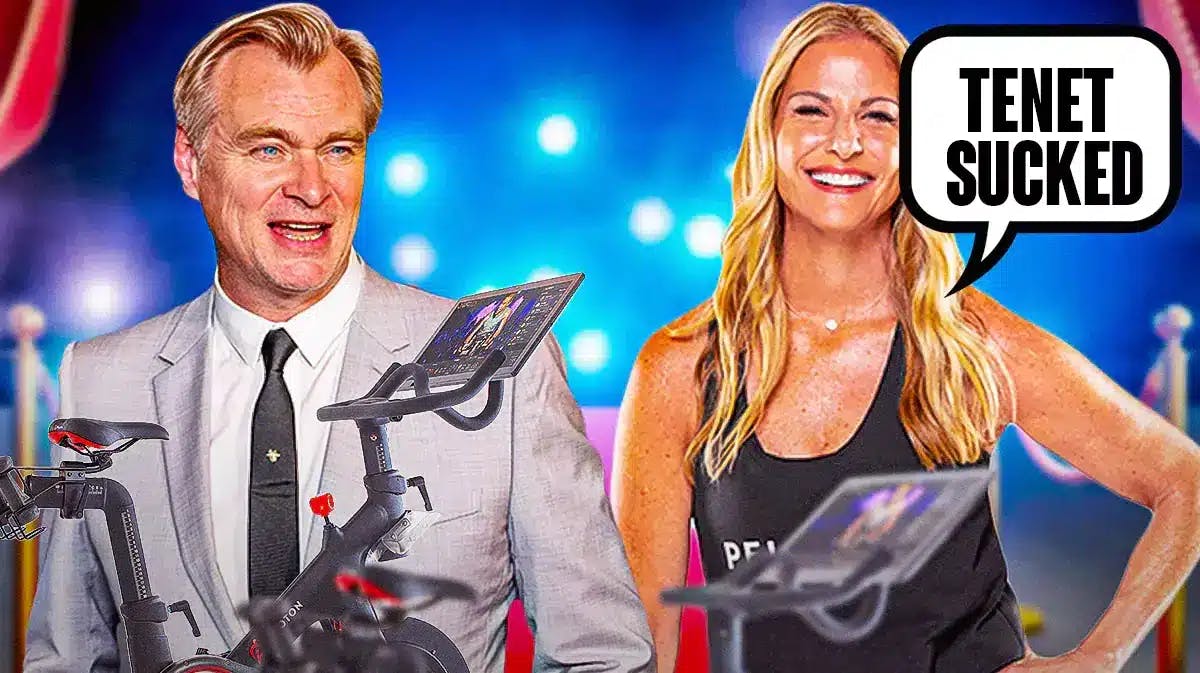 Christopher Nolan, Peloton instructor Jenn Sherman with speech bubble "Tenet sucked", and imagery from a Peloton stationary bike.