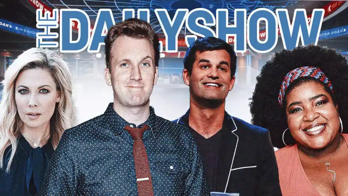 Desi Lydic, Jordan Klepper, Michael Kosta and Dulcé Sloan in front of The Daily Show set and logo.