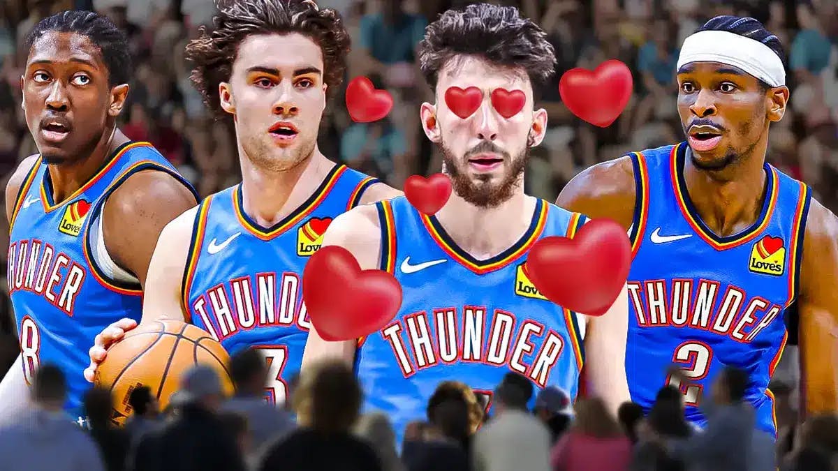 Thunder C Chet Holmgren with hearts all over him with hyped up Shai Gilgeous-Alexander, Josh Giddey, and Jalen Williams beside him
