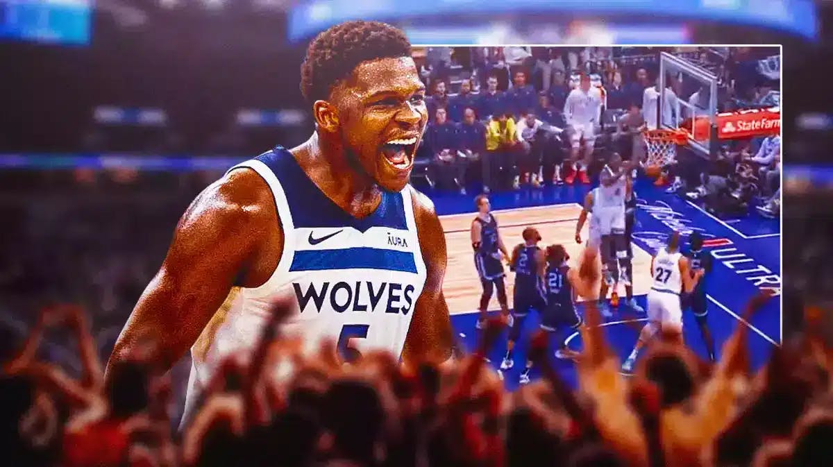 Timberwolves' Anthony Edwards hyped up, with a screenshot of the self alley-oop in the middle