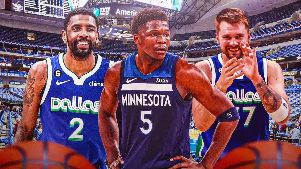 Anthony Edwards upset or complaining and Luka Doncic and Kyrie Irving smiling at American Airlines Center.