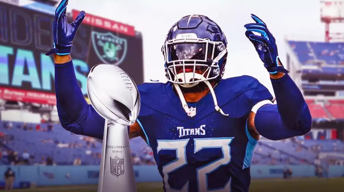 Titans' Derrick Henry hyped up, with the Super Bowl trophy beside him