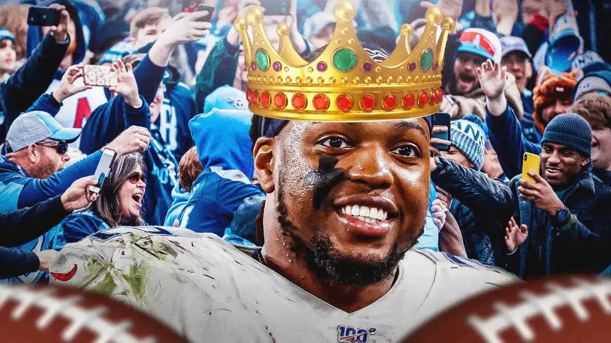 Derrick Henry wearing a crown and surrounded by Titans fans