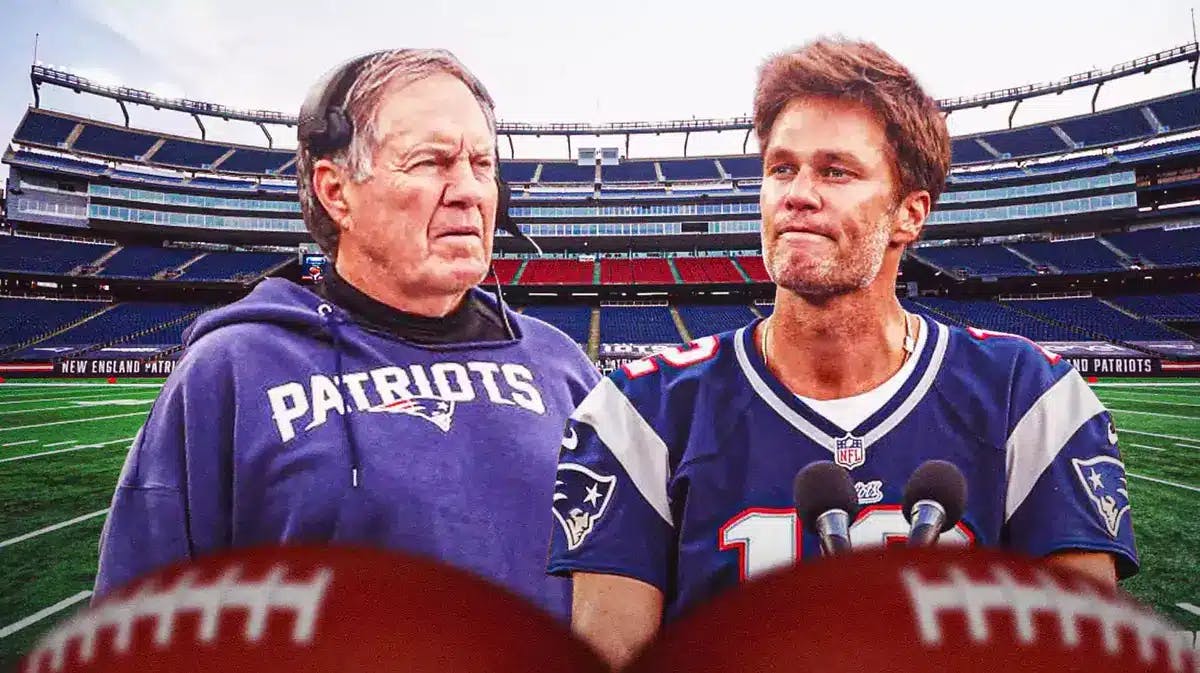 Photo: Tom Brady and Bill Belichick smiling together in Patriots gear