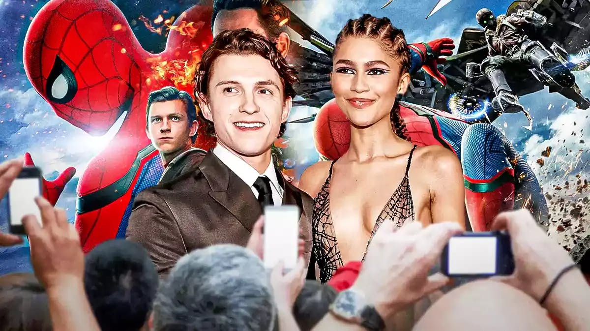 Tom Holland and Zendaya in front of Spider-Man: Homecoming poster.