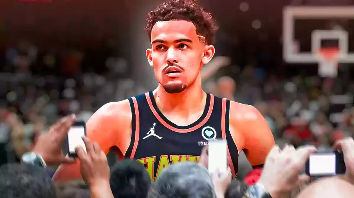 Atlanta Hawks star Trae Young in front of State Farm Arena.