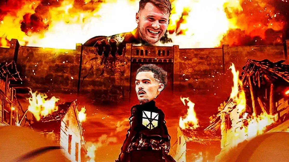 Trae Young edited into Eren in image of Attack on Titan. Luka Doncic edited into the Titan.