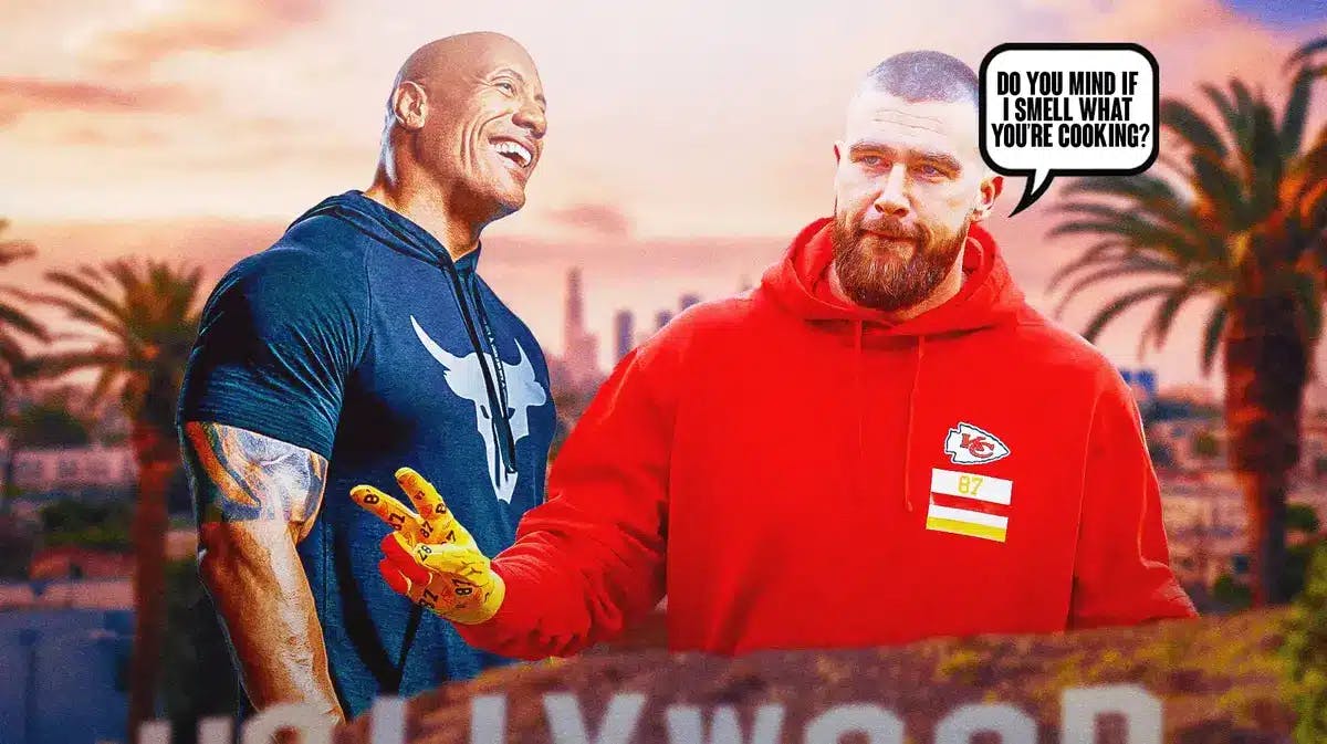 The Rock and Travis Kelce. Kelce has speech bubble, “Do you mind if I smell what you’re cooking?”