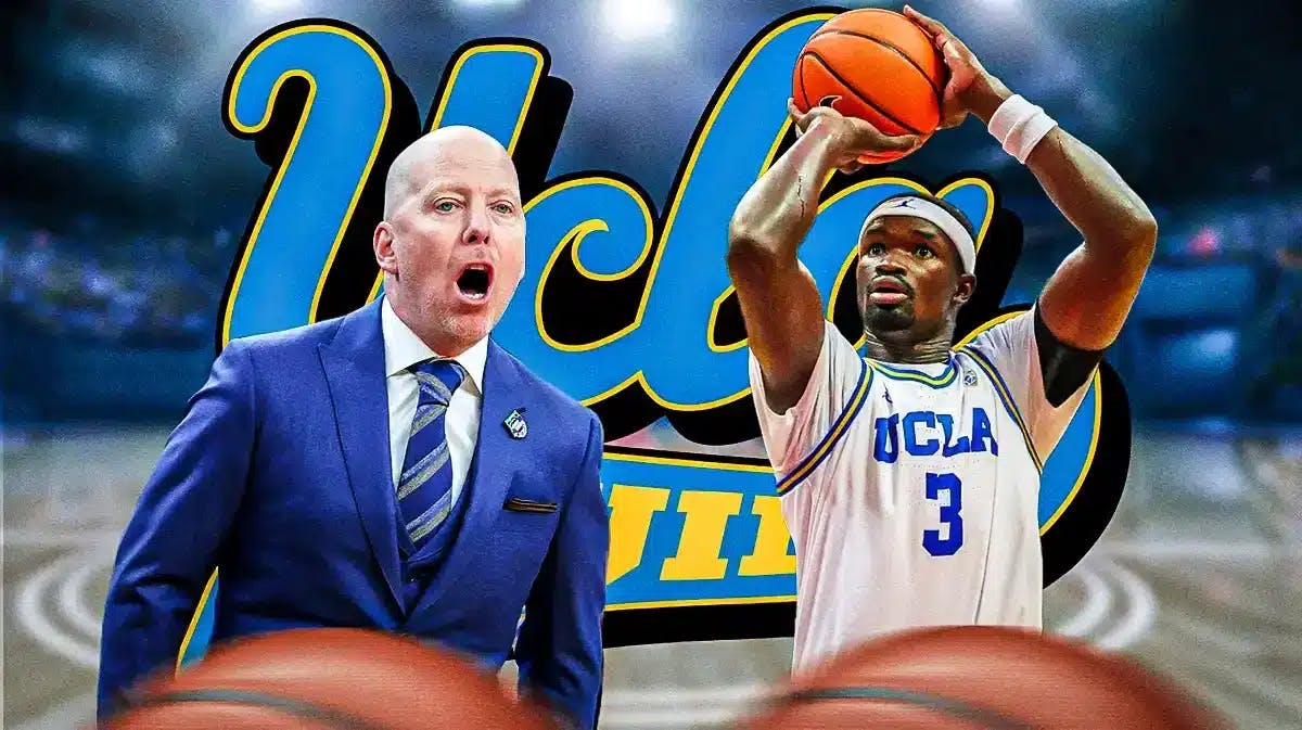 Photo: Adem Bona in UCLA uniform and Mick Cronin in suit with UCLA logo behind them
