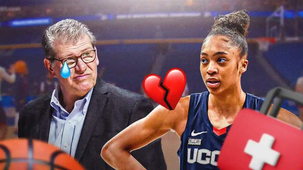 UConn women’s basketball coach Geno Auriemma with tear drops, and UConn women’s basketball player Aubrey Griffin with the heartbroken emoji and injury symbol