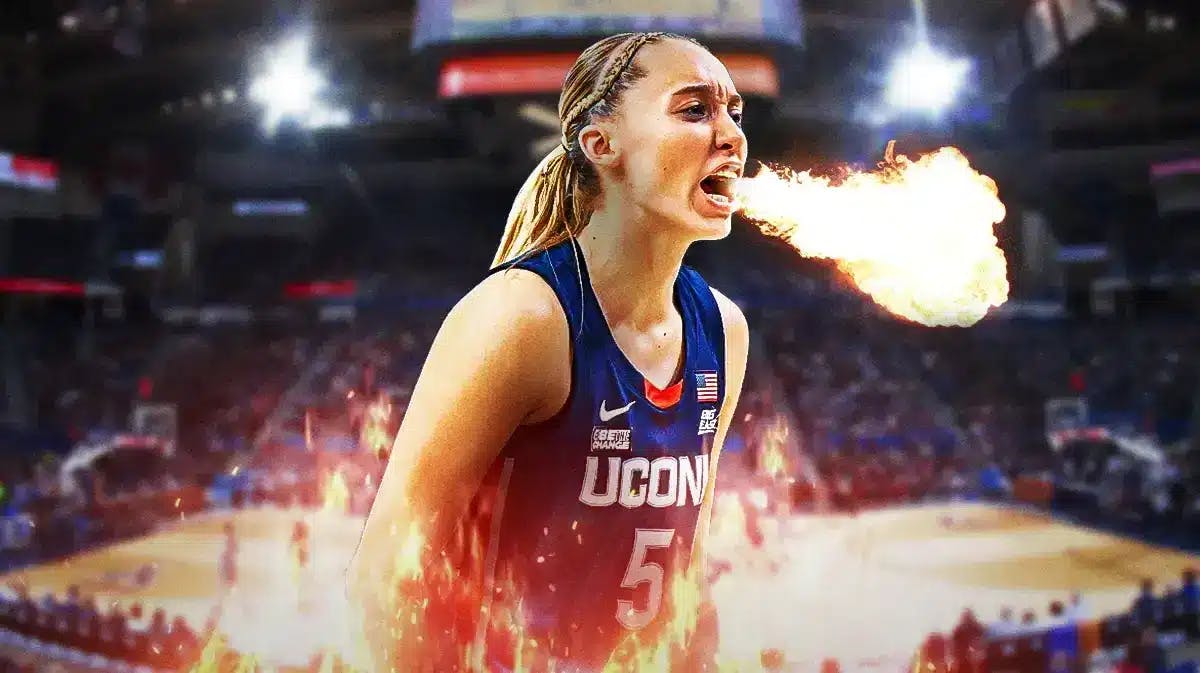 UConn women’s basketball player Paige Bueckers, with fire coming out of her mouth and flames around her