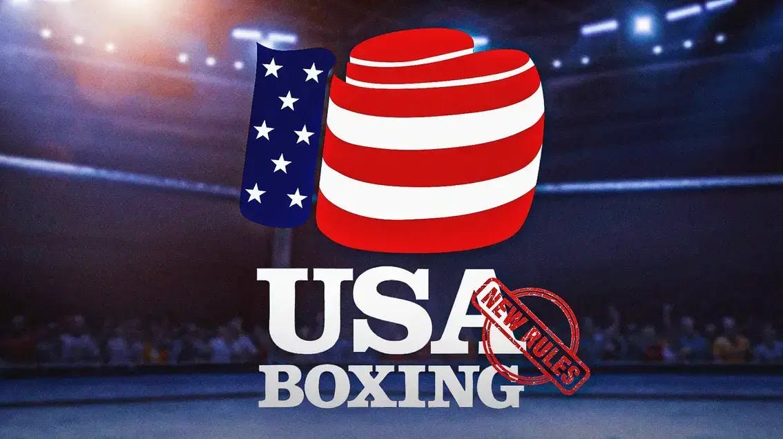 the USA Boxing logo in a ring, with a ‘new rules’ stamp in front of it