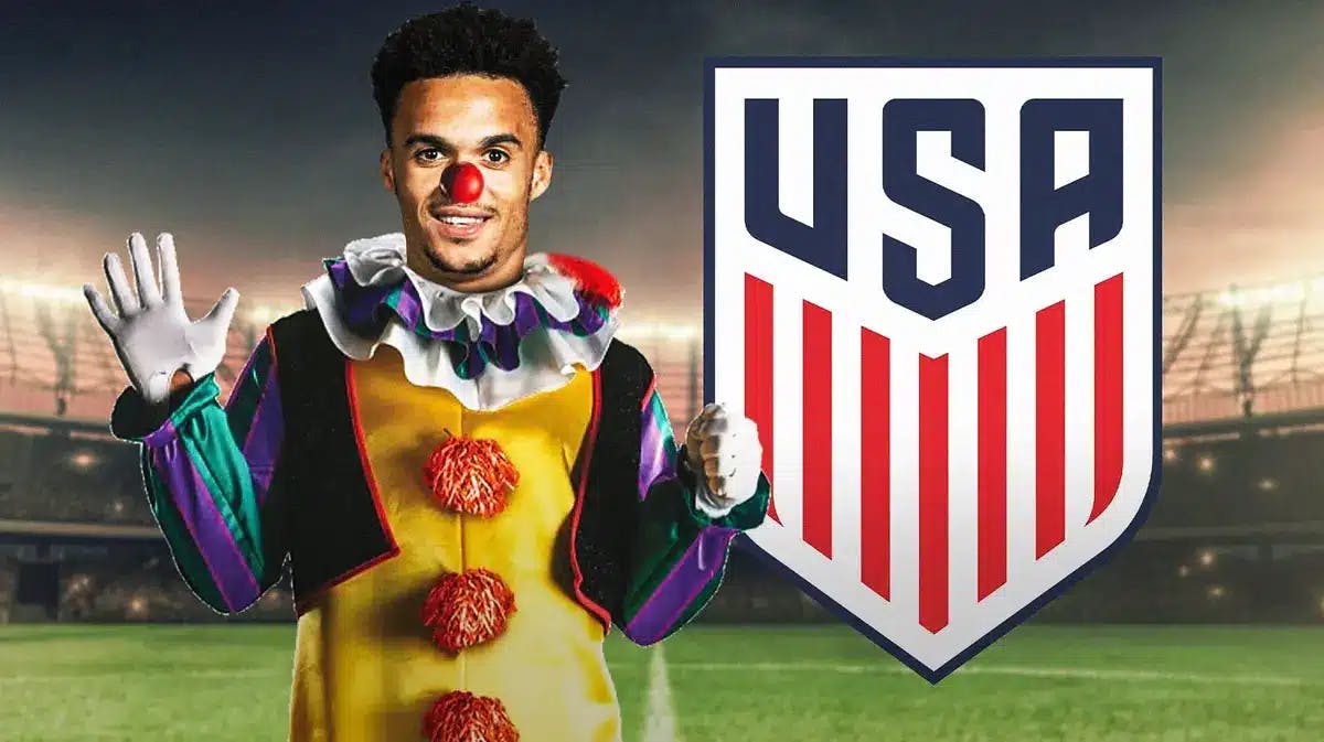 Antonee Robinson as a clown in front of the USMNT logo