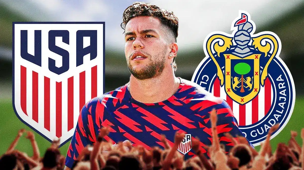 Cade Cowell celebrating in front of the USMNT and Chivas logos