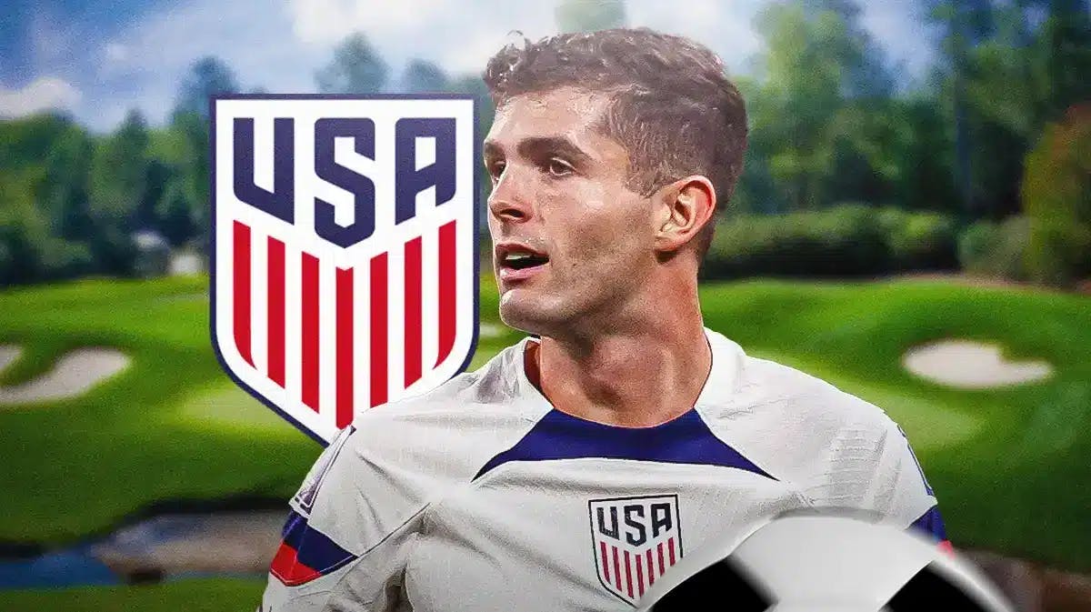 Christian Pulisic in a golf field, the USMNT logo behind him