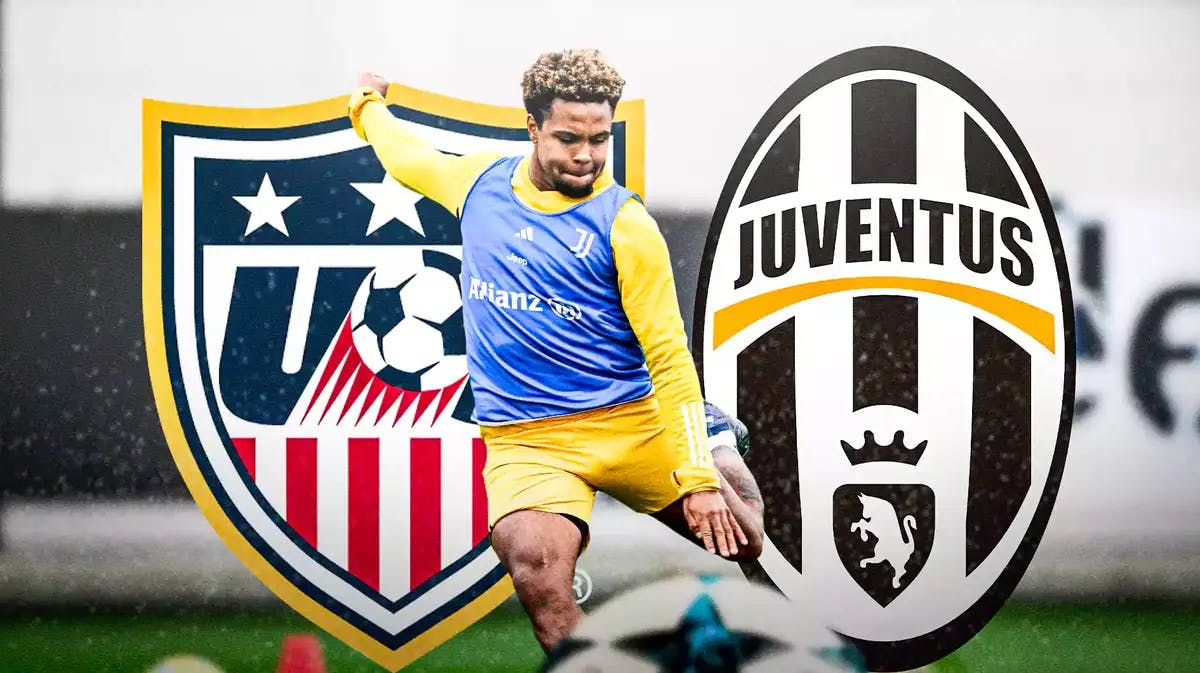 Weston McKennie training in front of the USMNT and Juventus logos