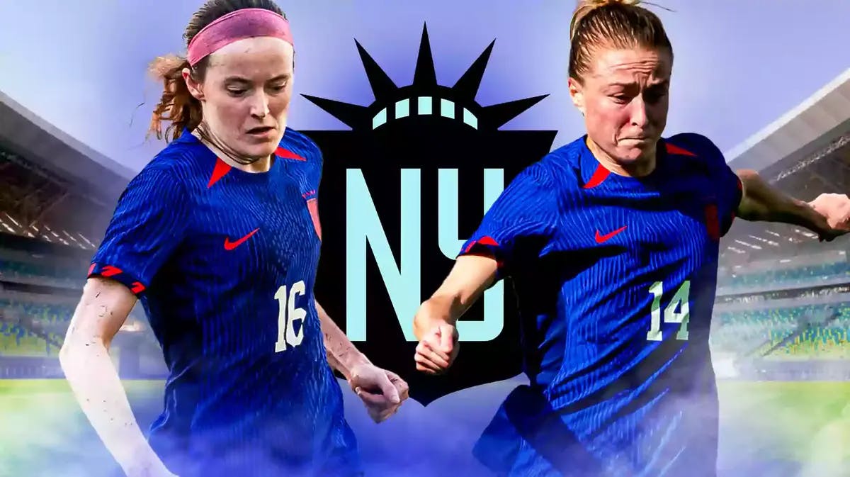 USWNT soccer players Rose Lavelle and Emily Sonnett on a soccer field, with the NJ/NY Gotham FC logo behind them