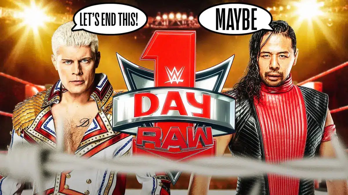 Cody Rhodes with a text bubble reading “Let’s end this!” next to Shinsuke Nakamura with a text bubble reading “Maybe” with the RAW Day 1 logo as the background.