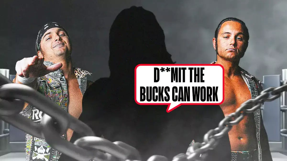 The blacked-out silhouette of Booker T with a text bubble reading “D**mit the Bucks can work!” with Nick Jackson of the Young Bucks on his left and Matt Jackson of the Young Bucks on the right with the 2024 AEW Revolution logo as the background.