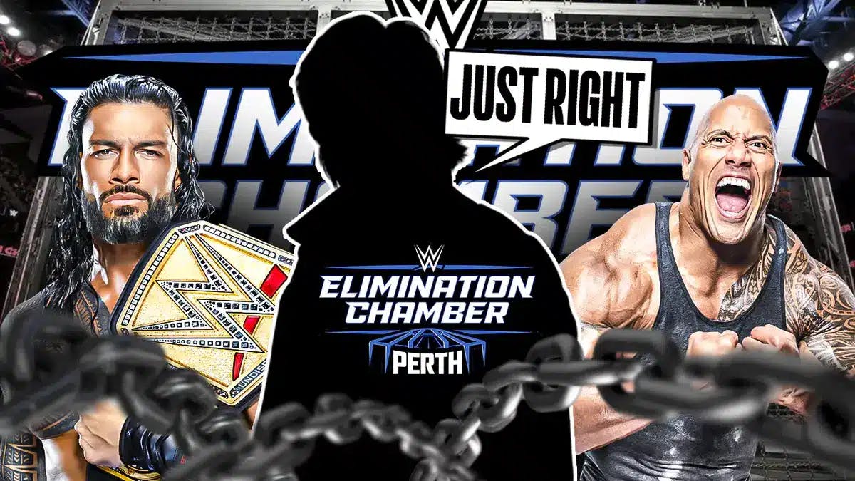 The blacked-out silhouette of Eric Bischoff with a text bubble reading “Just right” with Roman Reigns on his left and The Rock on his right with the 2024 Elimination Chamber logo as the background.