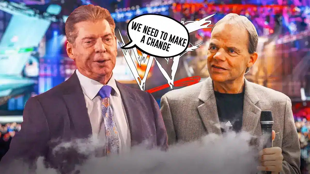 Vince McMahon with a text bubble reading “We need to make a change” next to Lex Luger with the WWF logo as the background.