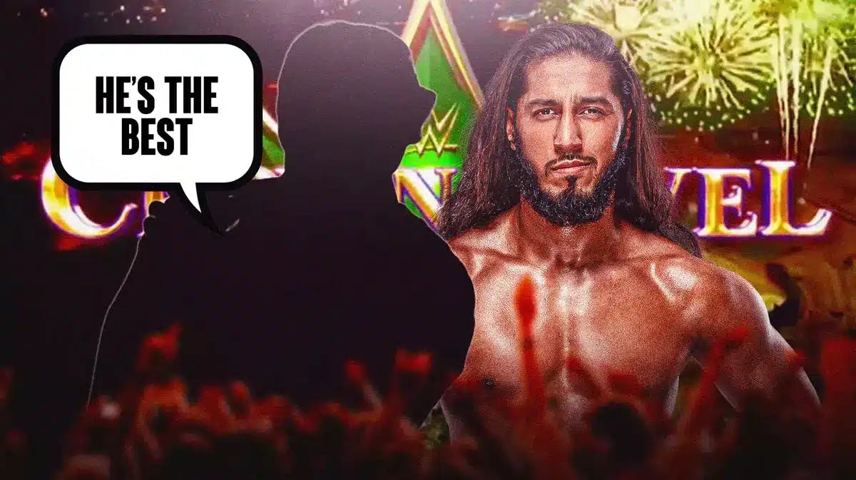 The blacked-out silhouette of Mansoor with a text bubble reading “He’s the best” next to Mustafa Ali with the 2021 WWE Crown Jewel logo as the background.