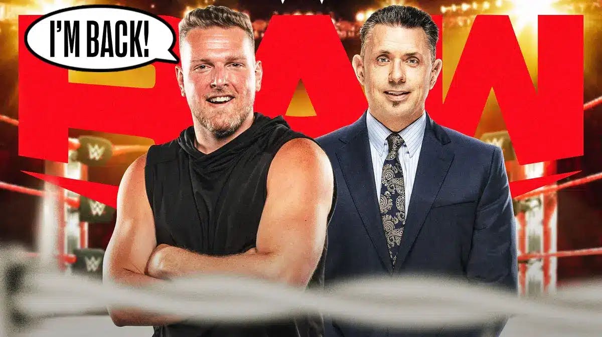 Pat McAfee with a text bubble reading “I’m back!” next to Michael Cole with the RAW logo as the background.