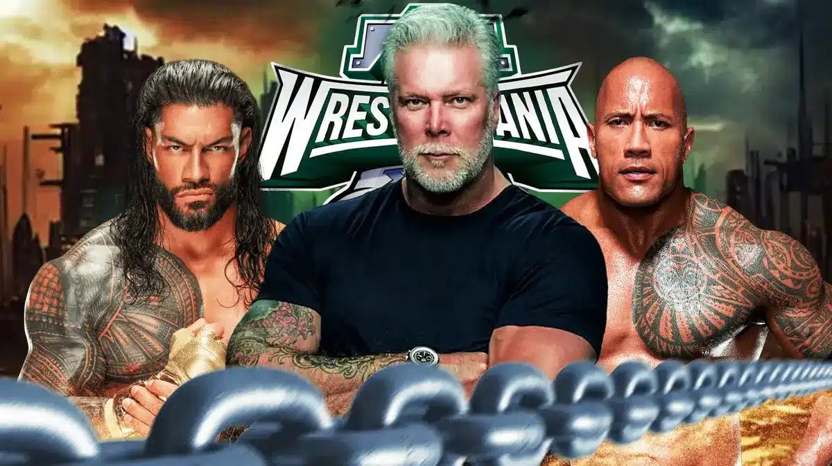 Kevin Nash with Roman Reigns on the left and Dwayne “The Rock” Johnson on his right with the WrestleMania 40 logo as the background.