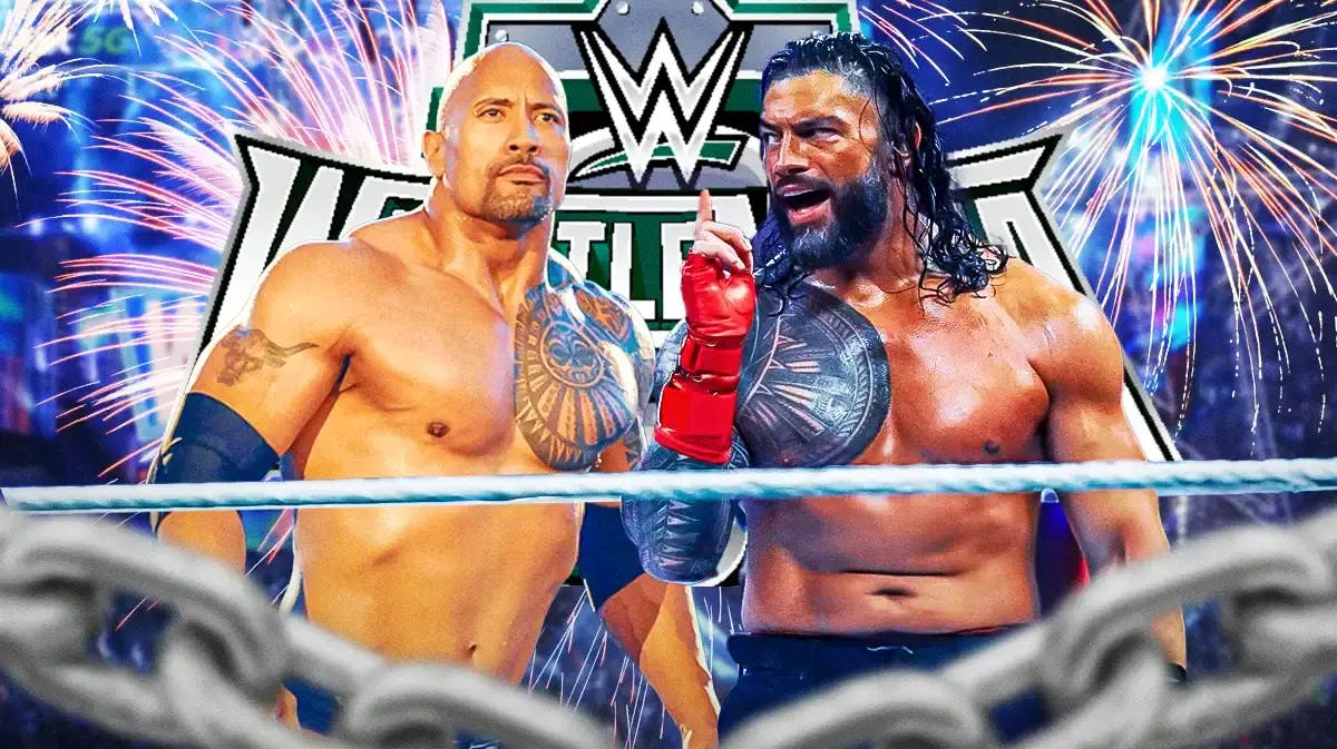 The Rock and Roman Reigns facing off in front of the WrestleMania XL logo