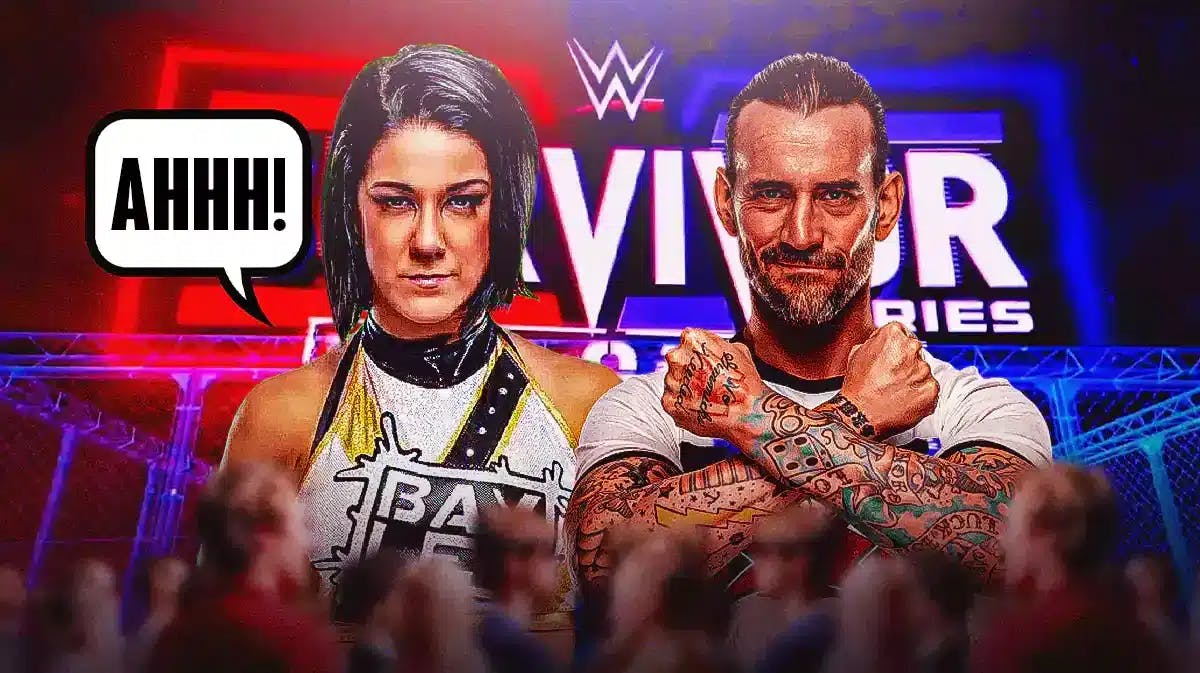Bayley with a text bubble reading “Ahhh!” next to CM Punk with the 2023 Survivor Series logo as the background.