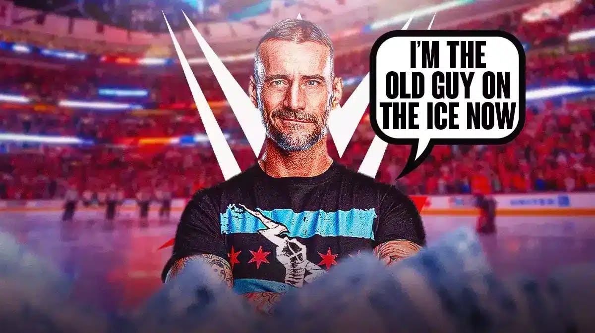 CM Punk with a text bubble reading “I’m the old guy on the ice now” standing on a Chicago Blackhawks skating rink with the WWE logo added to the ice too.