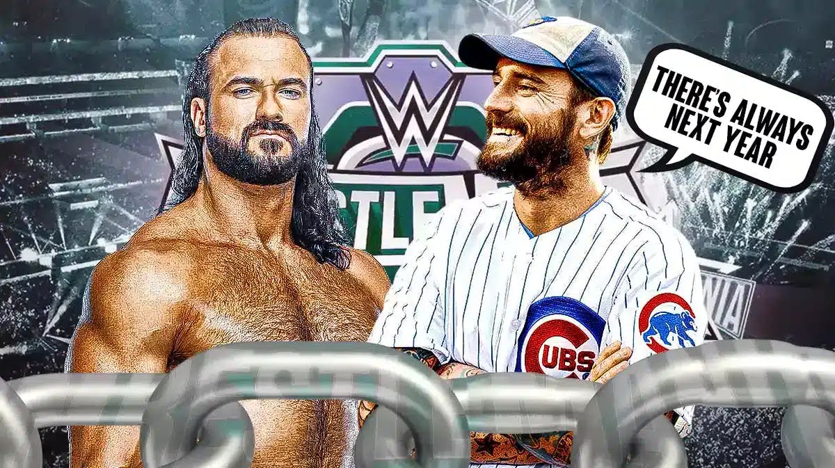 CM Punk wearing a Chicago Cubs jersey with a text bubble reading “There’s always next year” next to Drew McIntyre with the WrestleMania 40 logo as the background.