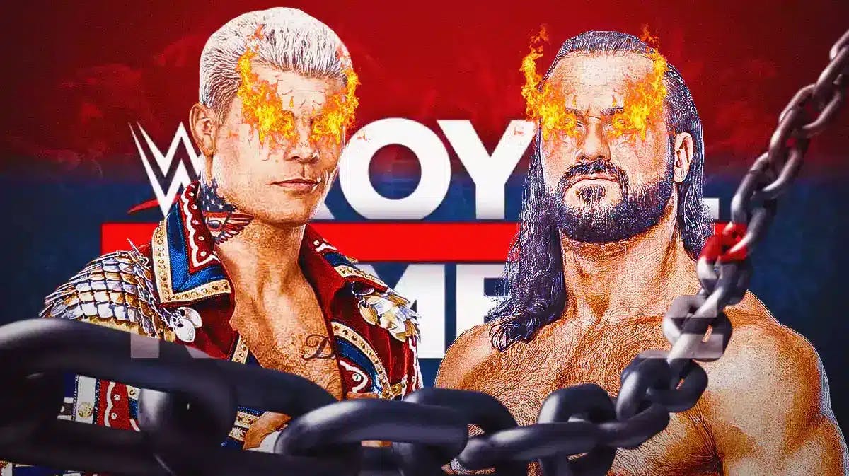 Cody Rhodes and Drew McIntyre with fire emojis over their eyes with the 2024 Royal Rumble logo as the background.