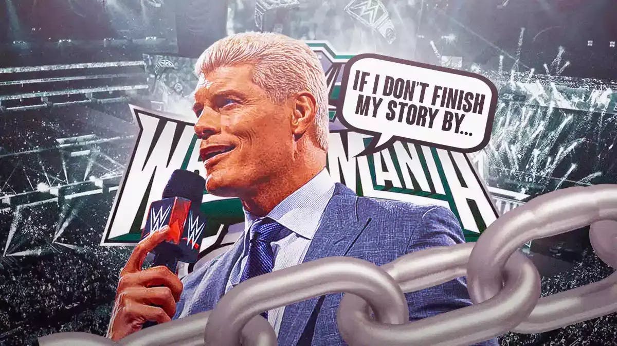Cody Rhodes with a text bubble reading “If I don’t finish my story by…” with the WrestleMania 40 logo as the background.